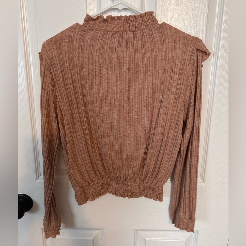 Bohme Ribbed Tan Ruffle Blouse - Picture 2 of 3